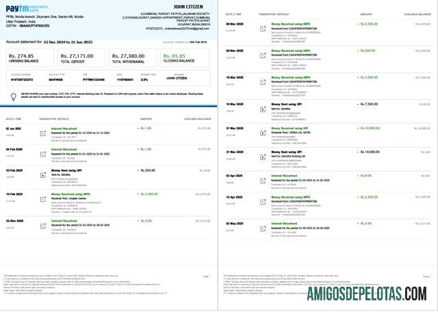 Extrato de conta bancária de pagamentos realistas da Índia PayTM modelo Word e PDF, 3 páginas, 1 2 páginas